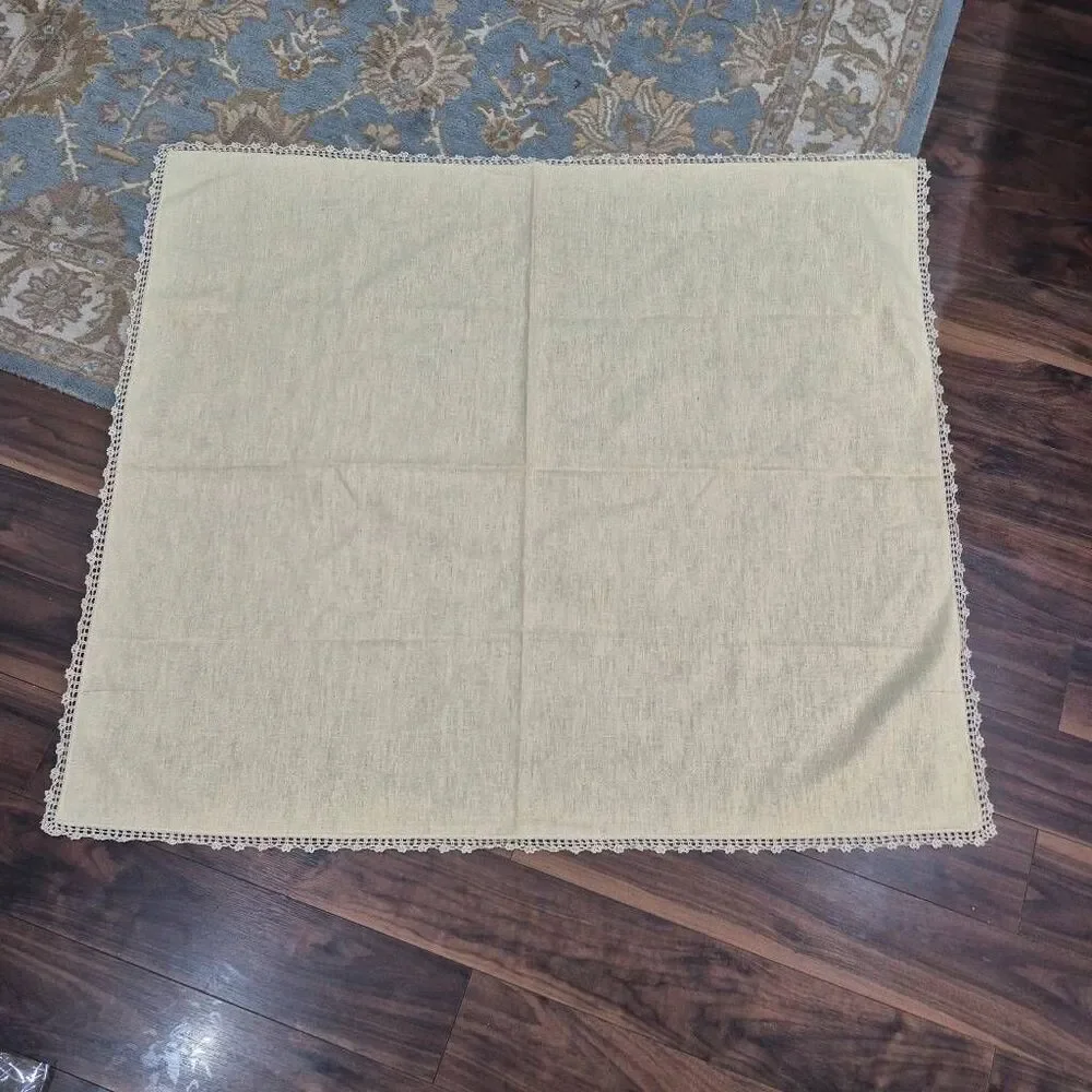 Tablecloth, Vintage Ecru Cotton w Hand Crocheted Edging, 46